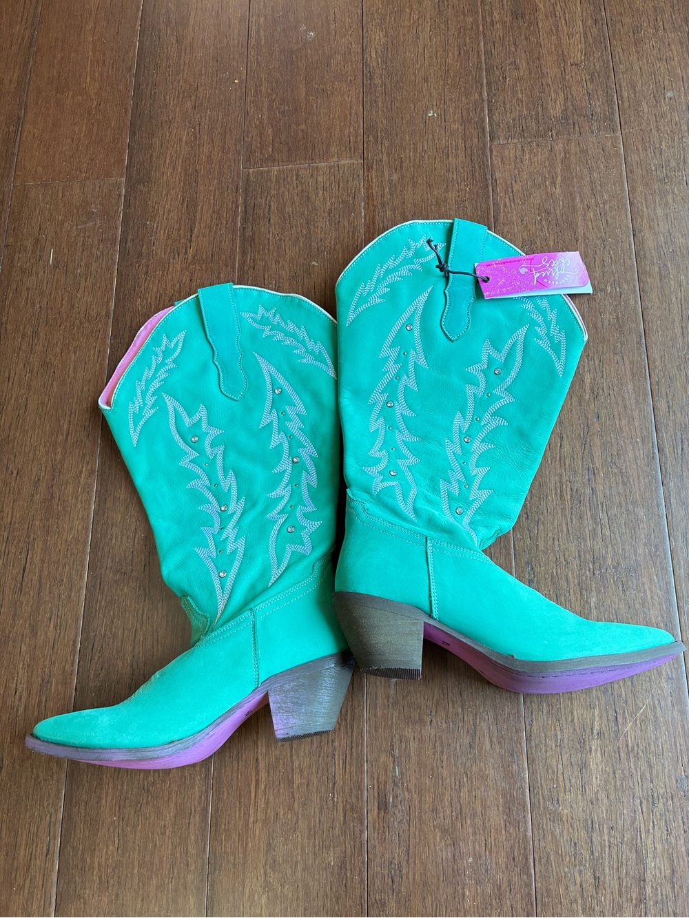 Teal Wide Calf Western Boots with Pink Sole Trim